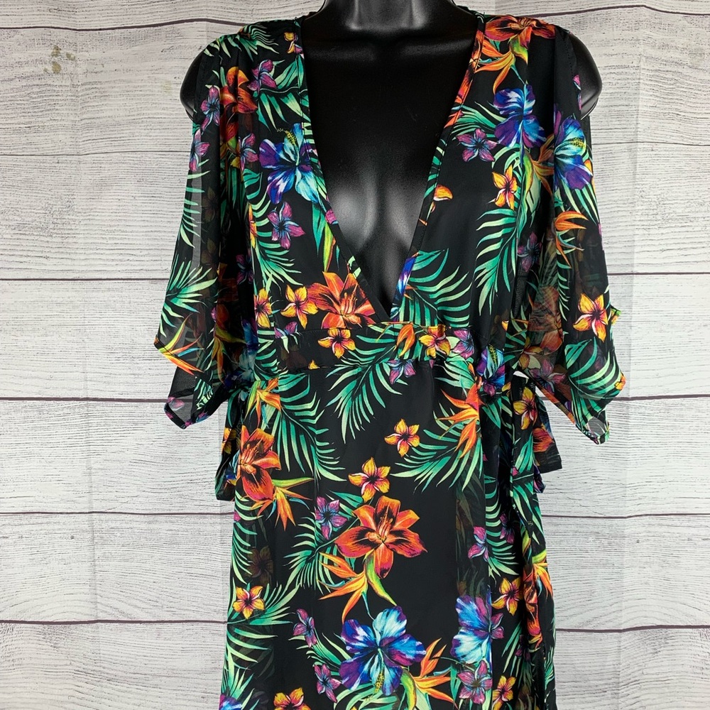 Miken Swim Cover-Up Women's Tropical Floral Print Cold Shoulder Dress Small